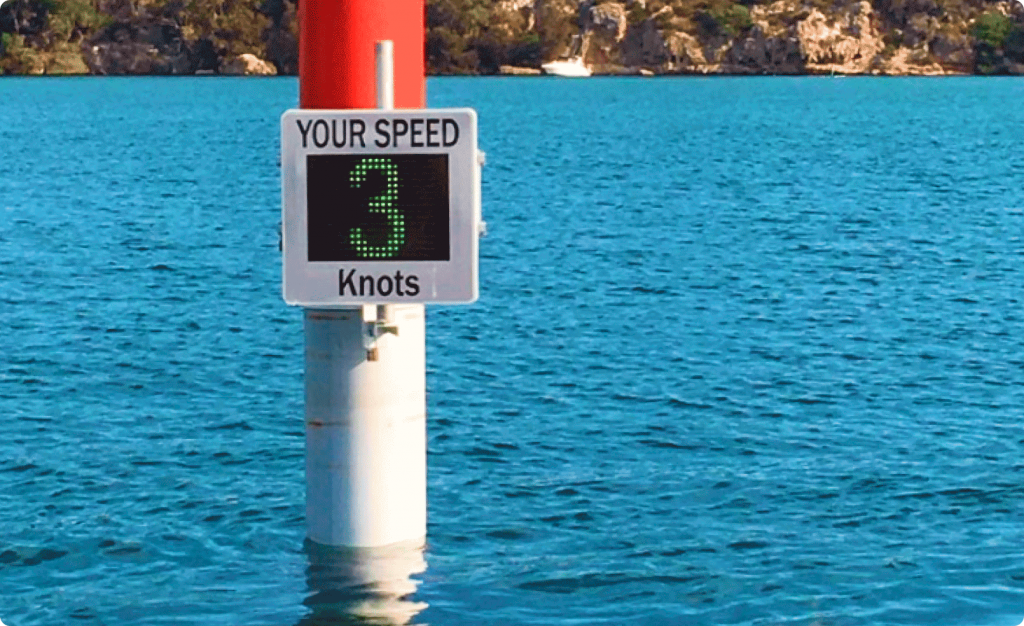 Speed sign on the waterways reads Your Speed 3 Knots