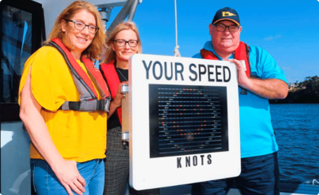 Minister for Transport Rita Saffioti, Bicton member Lisa O'Malley and vice-president of Boating WA Kim Wilkie with the new speed display